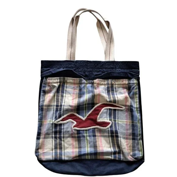 Hollister Blue Canvas Plaid Tote Bag With Red Logo & Cream Straps Y2K Preppy - Picture 1 of 8
